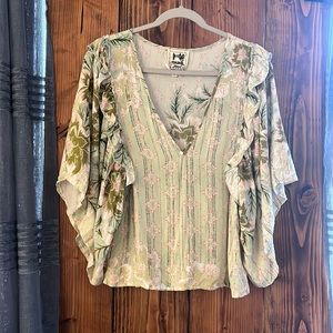 Jaase Boho Flutter Sleeve Deep V-Neck Green and Pink Blouse with Ruffle sleeve